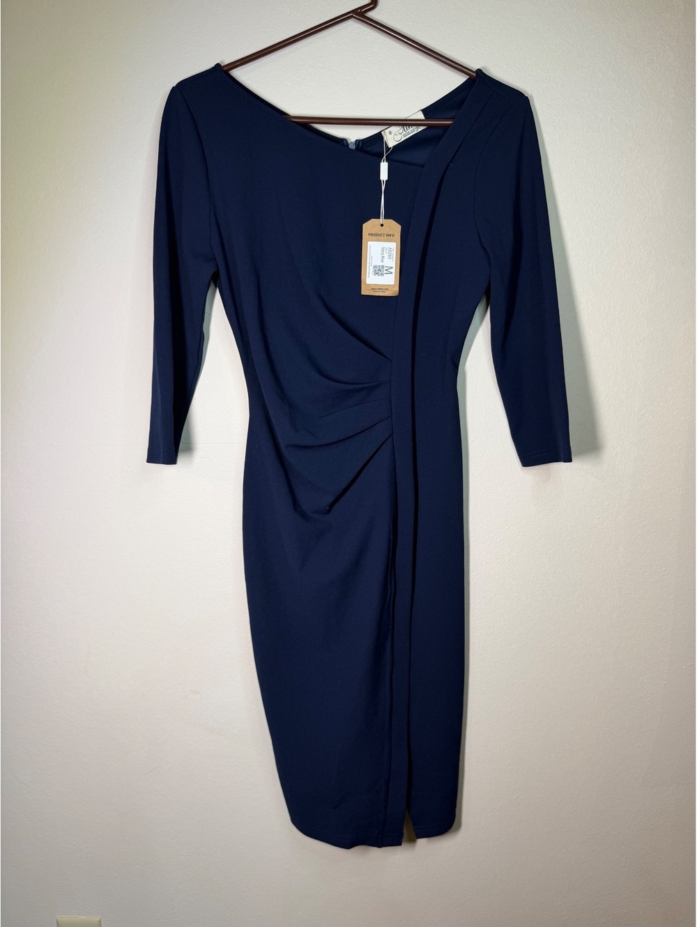 Aisize Navy Blue Dress with 3/4 bell Sleeves and Front Draping Detail, Size M